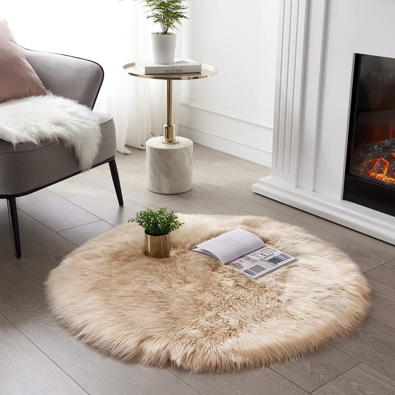 SERISSA Ultra Soft Round Faux Sheepskin Fur Area Rug Beige Circular Shaggy Rug Round Fluffy Area Rugs Plush Circle Floor Carpet Mat for Bedroom Living Room Floor Decor, 3ft Diameter (Beige) - Image 1